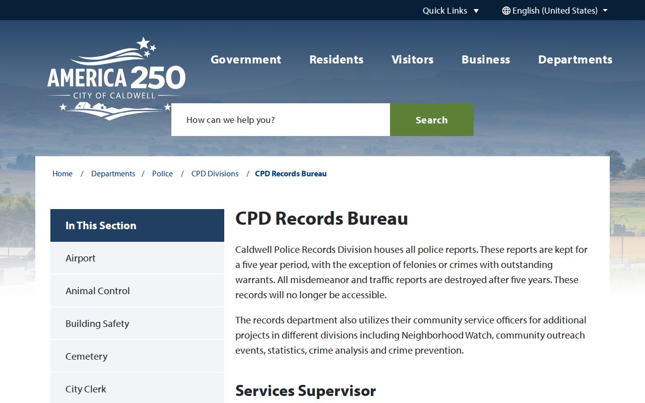 Caldwell Police Records Bureau official request information