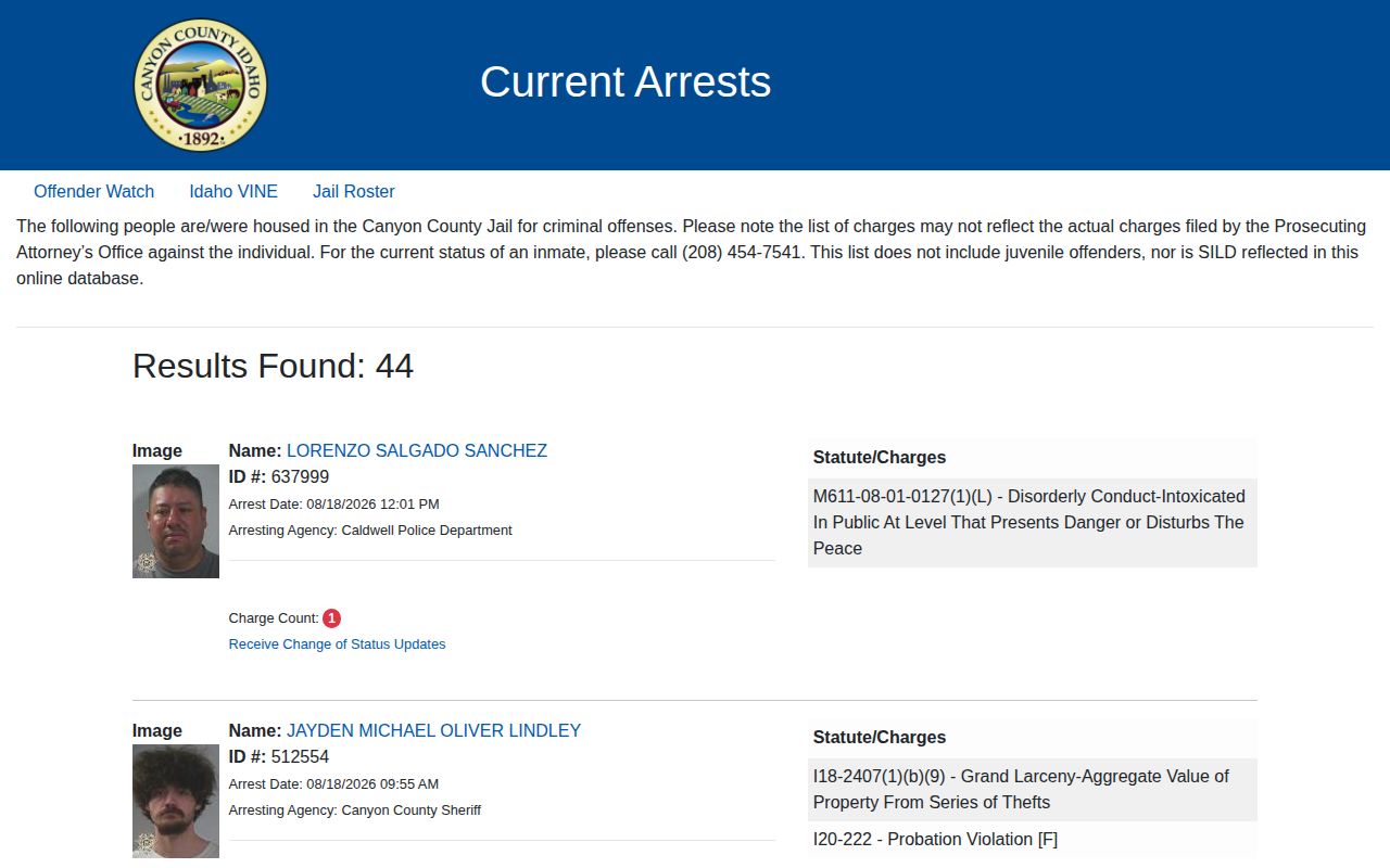 Canyon County Current Arrests recent booking interface