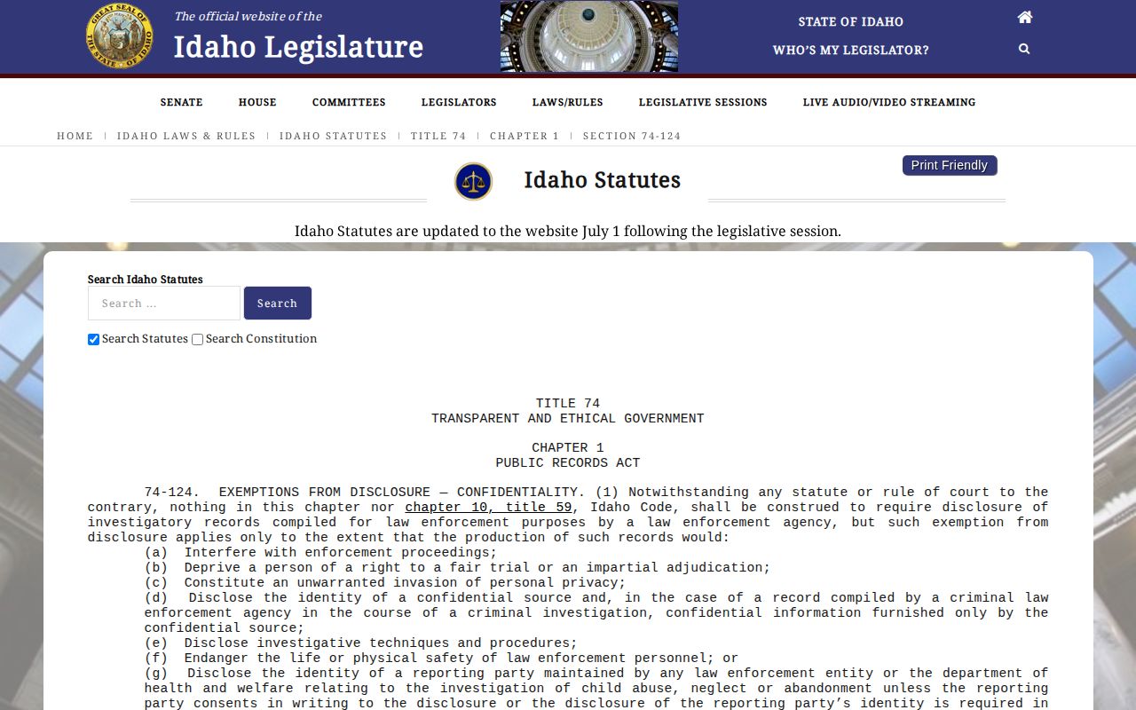 Idaho Code section 74-124 public records source for Canyon County arrest records