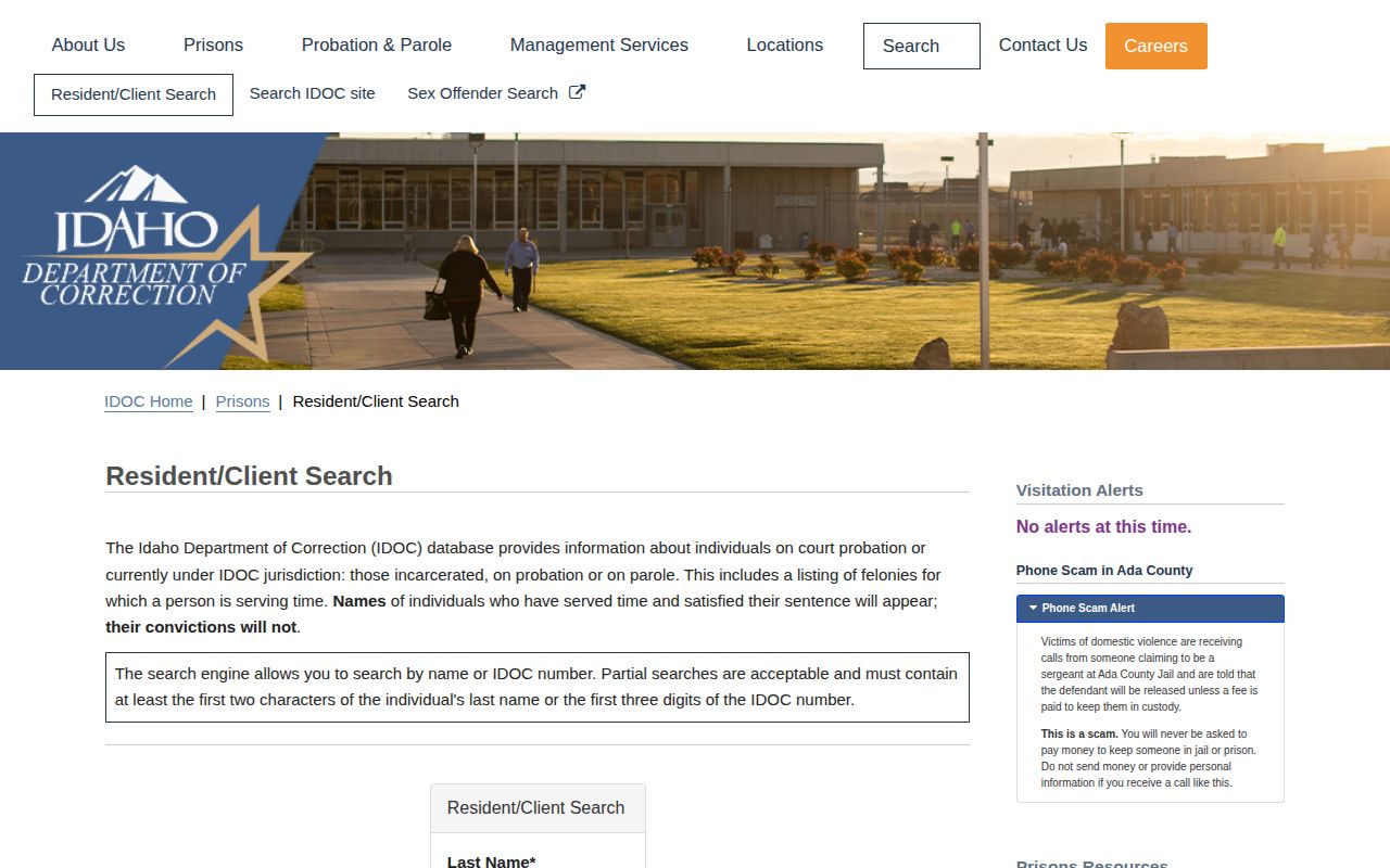 Idaho Department of Correction resident client search for post-conviction custody