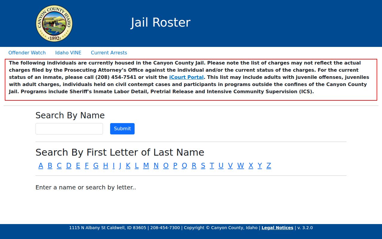 Canyon County Jail Roster search interface
