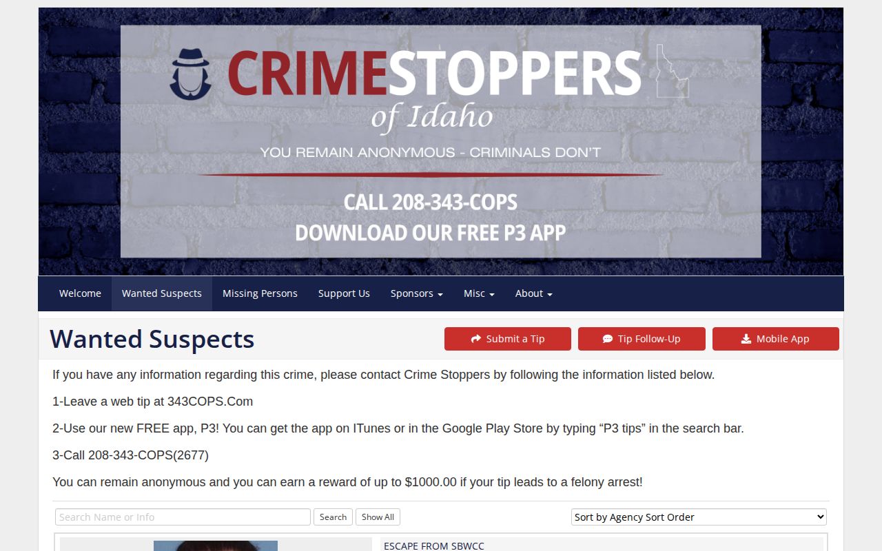 Regional Idaho Crime Stoppers wanted suspects page