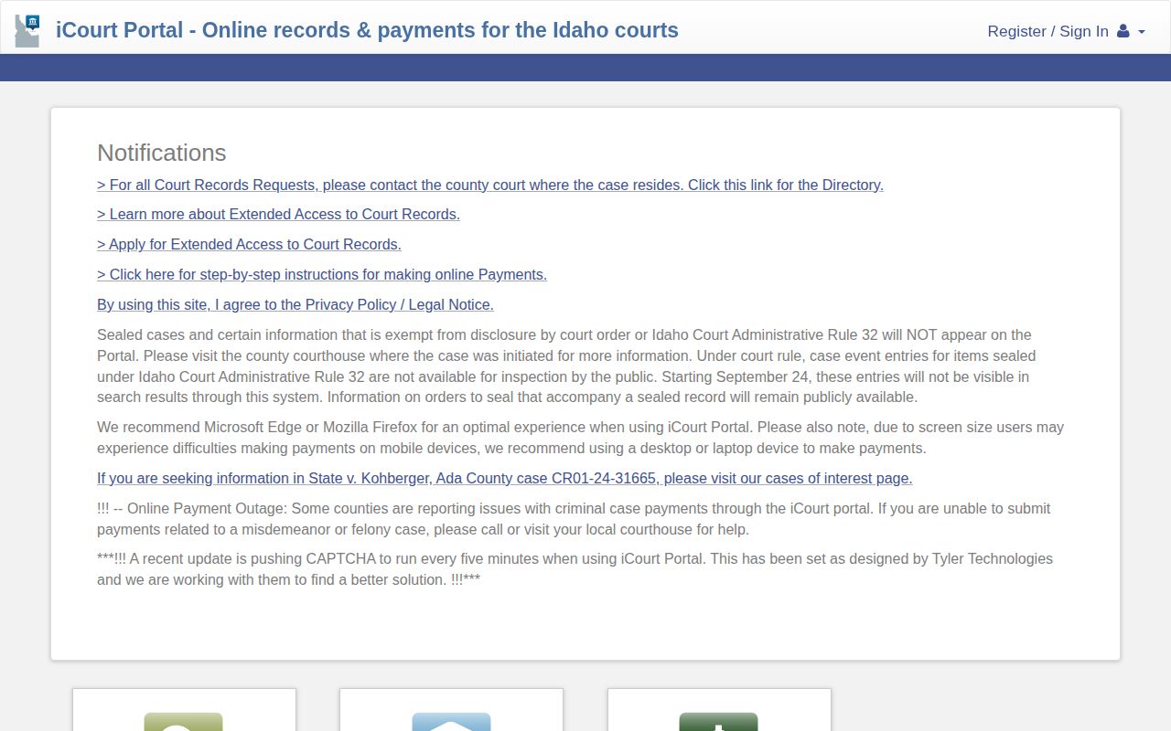 Idaho iCourt case search portal for Canyon County warrant and court history