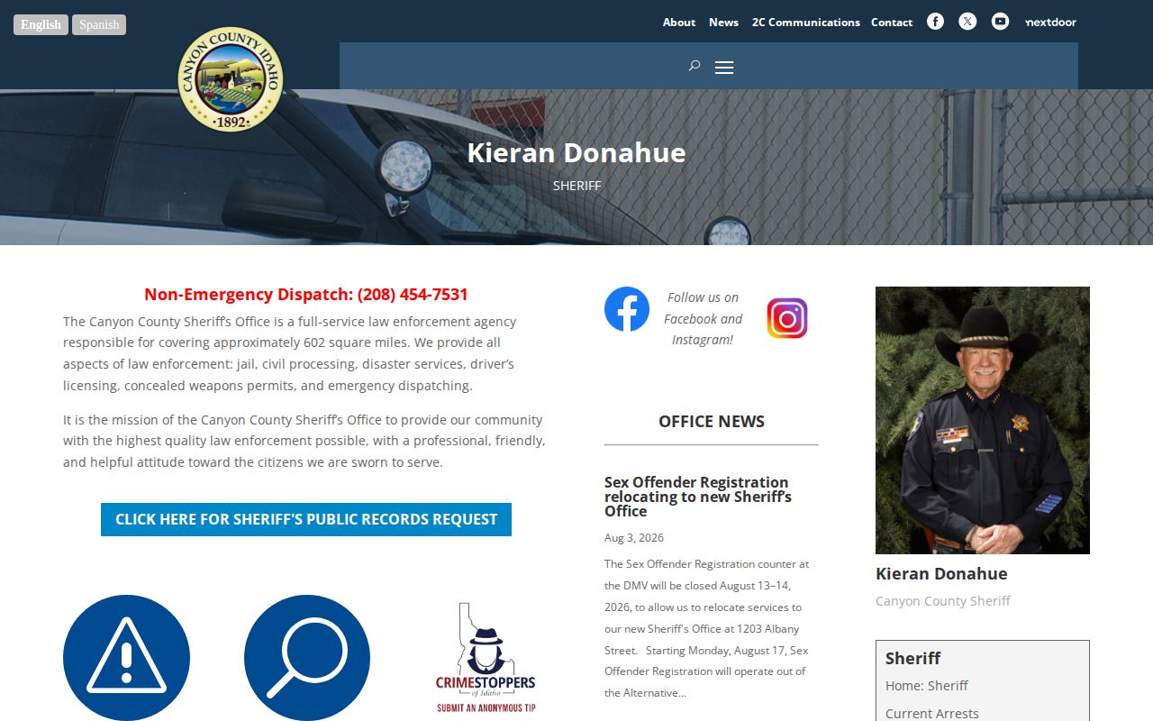 Canyon County Sheriff's official page for warrant and agency information